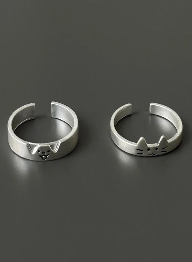 POYAMUSE Cute Dog and Cat Ring Set for Couple, Friends, Minimalist Lovely Pet Band Ring, Pet Lover Jewelry Gift, Adjustable Rings-silver - Image 2
